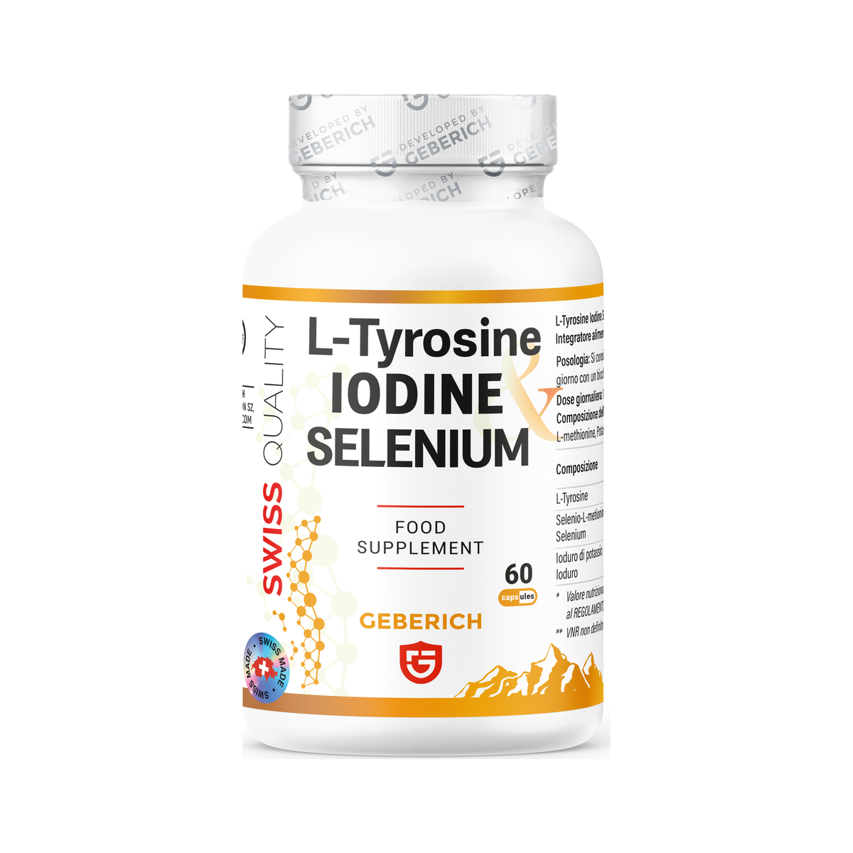 L-Tyrosine Jódový doplněk pro zdraví od Geberich.eu, zobrazující lahvičku s doplňky s etiketou a kapslemi uvnitř