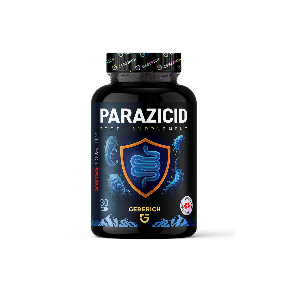 Gel capsule of Geberich Parazicid health supplement showing the product's packaging and capsules.