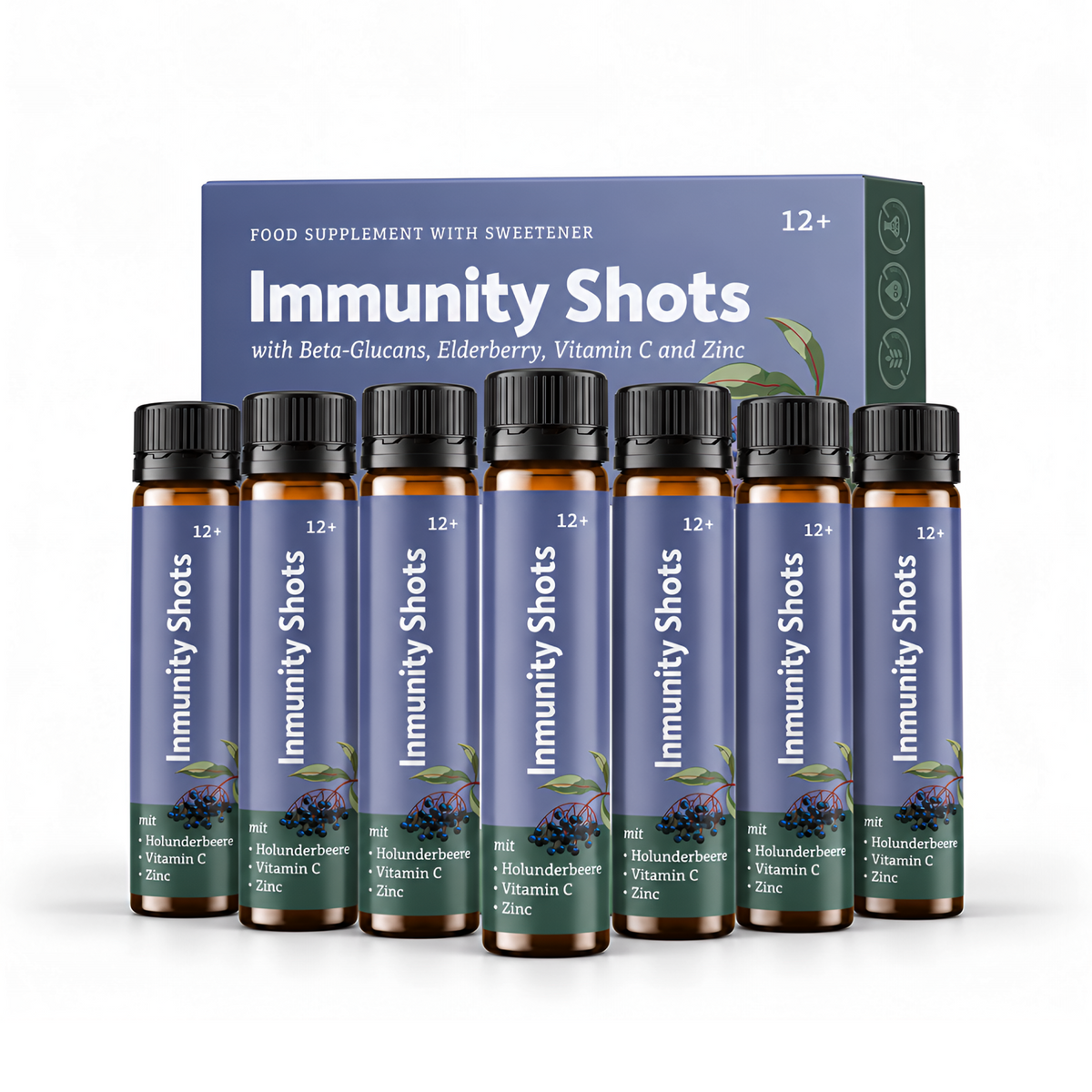 Immuno-Shots by geberich.eu featuring elderberries, beta glucans, vitamin C, and zinc in small bottles on a white background.