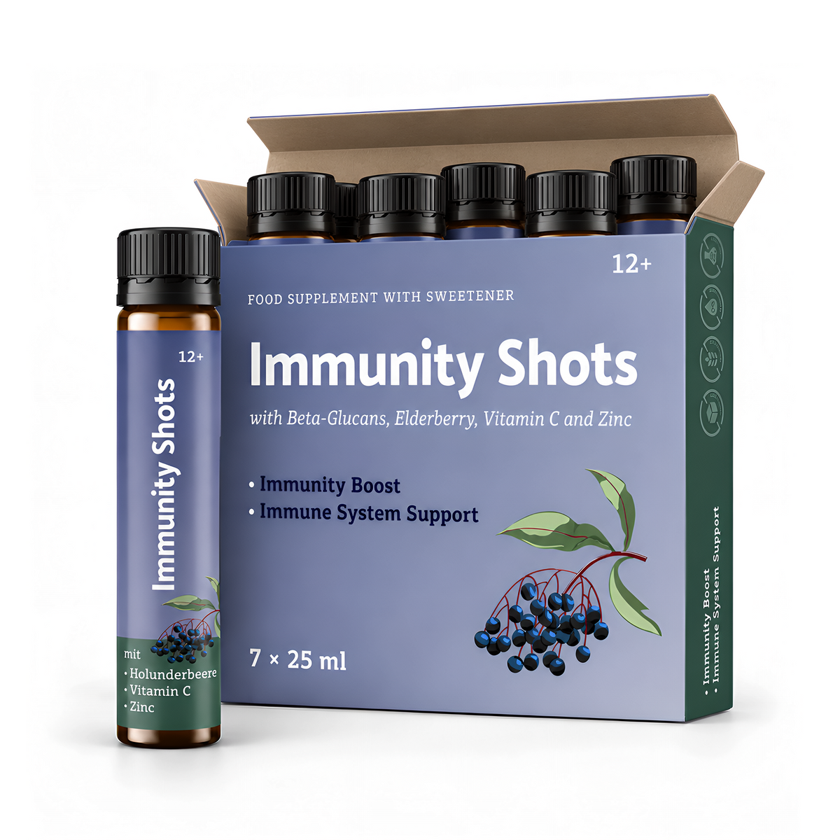 Immuno-Shots by geberich.eu with Beta Glucans, Elderberries, Vitamin C, and Zinc in small glass bottles.