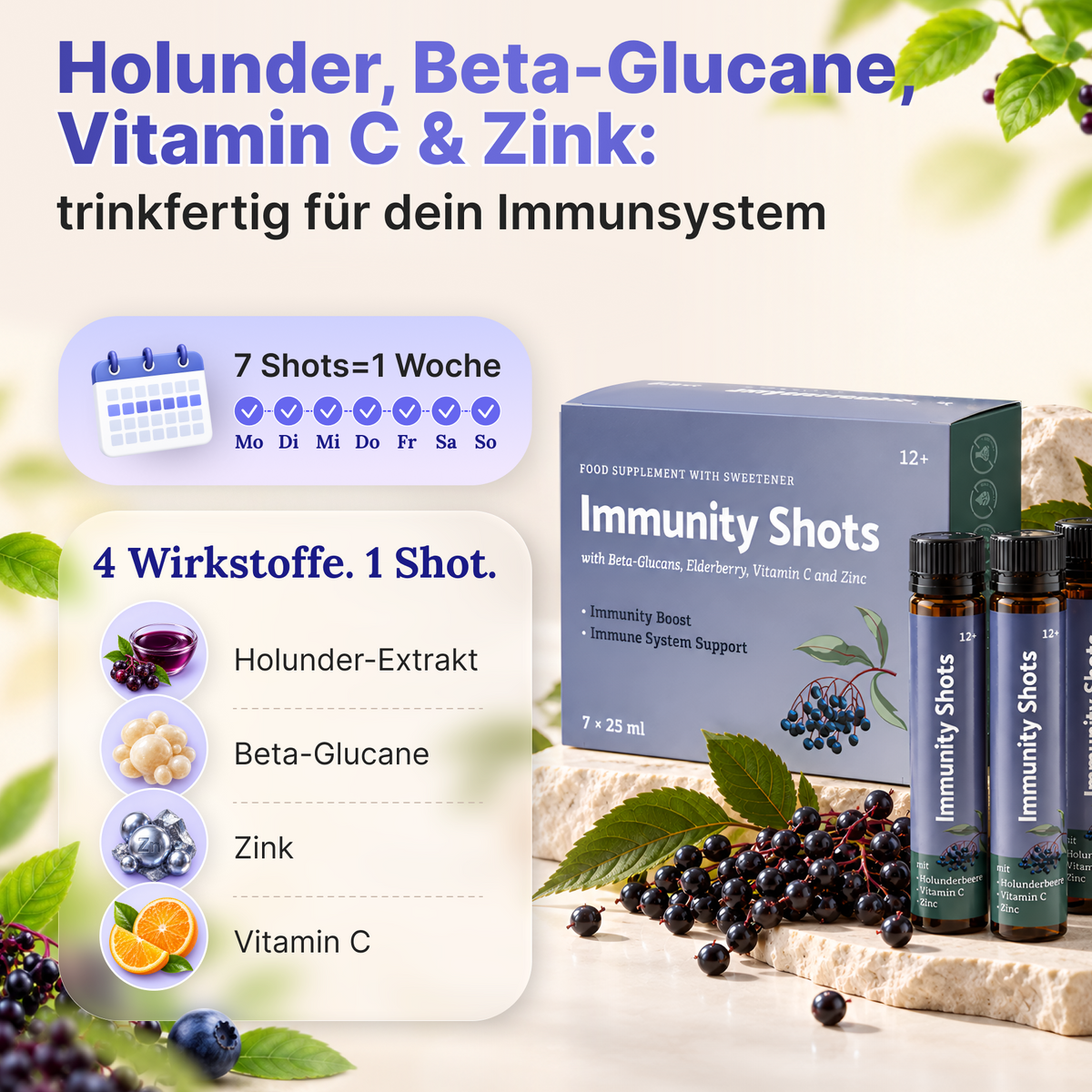 Two Immuno-Shots bottles with labels showing Beta Glucans, Elderberries, Vitamin C, and Zinc from geberich.eu.