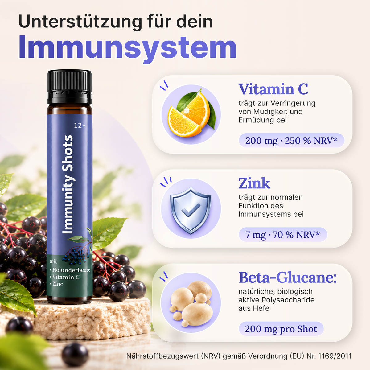 Immuno-Shots with Beta Glucans, Elderberries, Vitamin C, and Zinc in small bottles, designed to boost immune health.