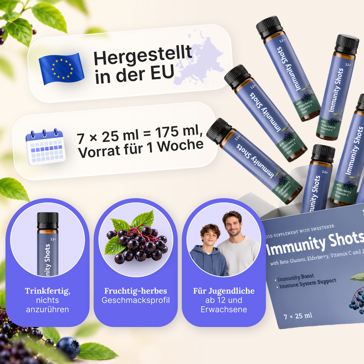 Immuno-Shots by geberich.eu featuring elderberries, beta glucans, vitamin C, and zinc in small glass bottles.