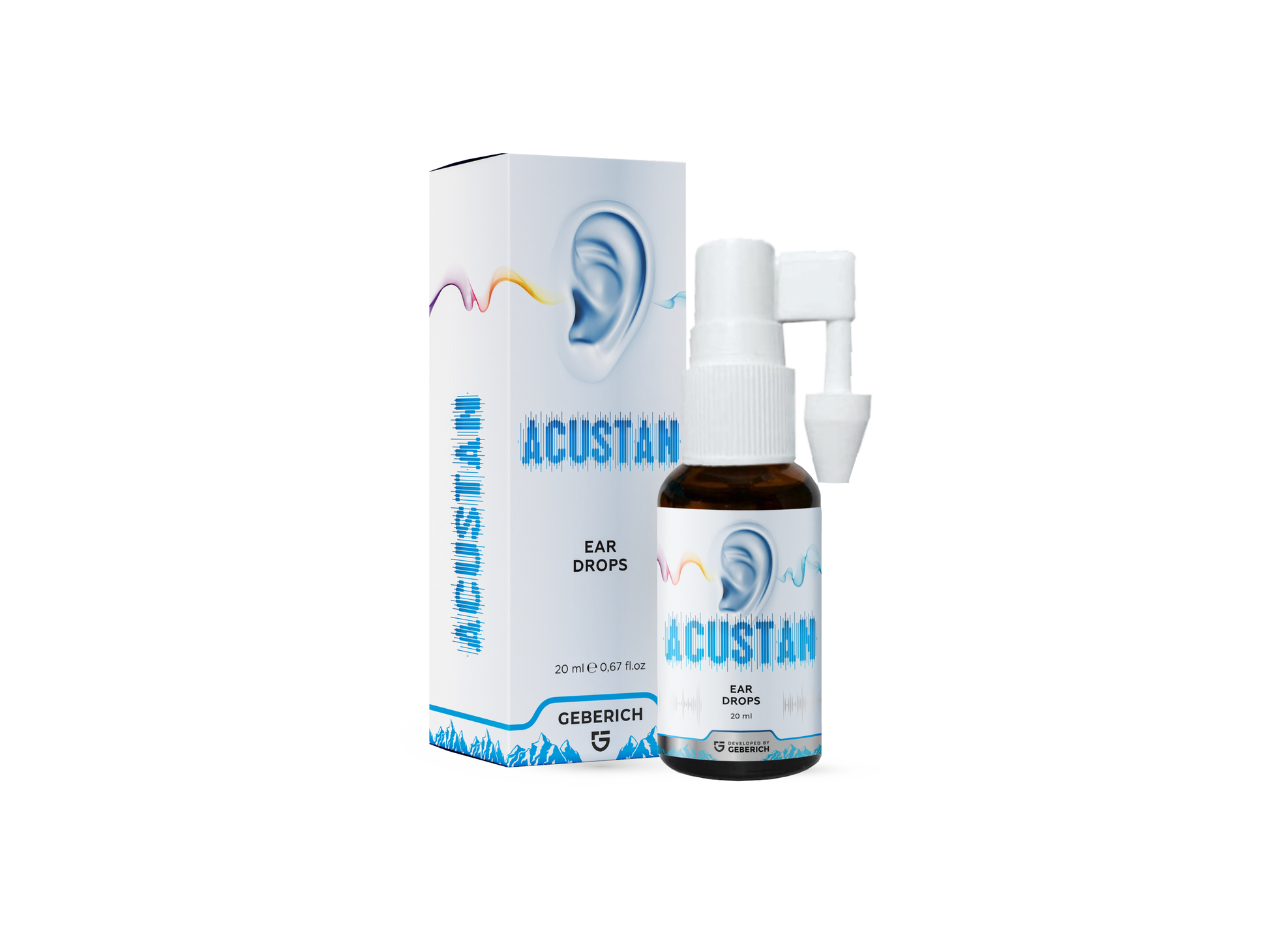ACUSTAN ear drops by Geberich, bottle with applicator, front view