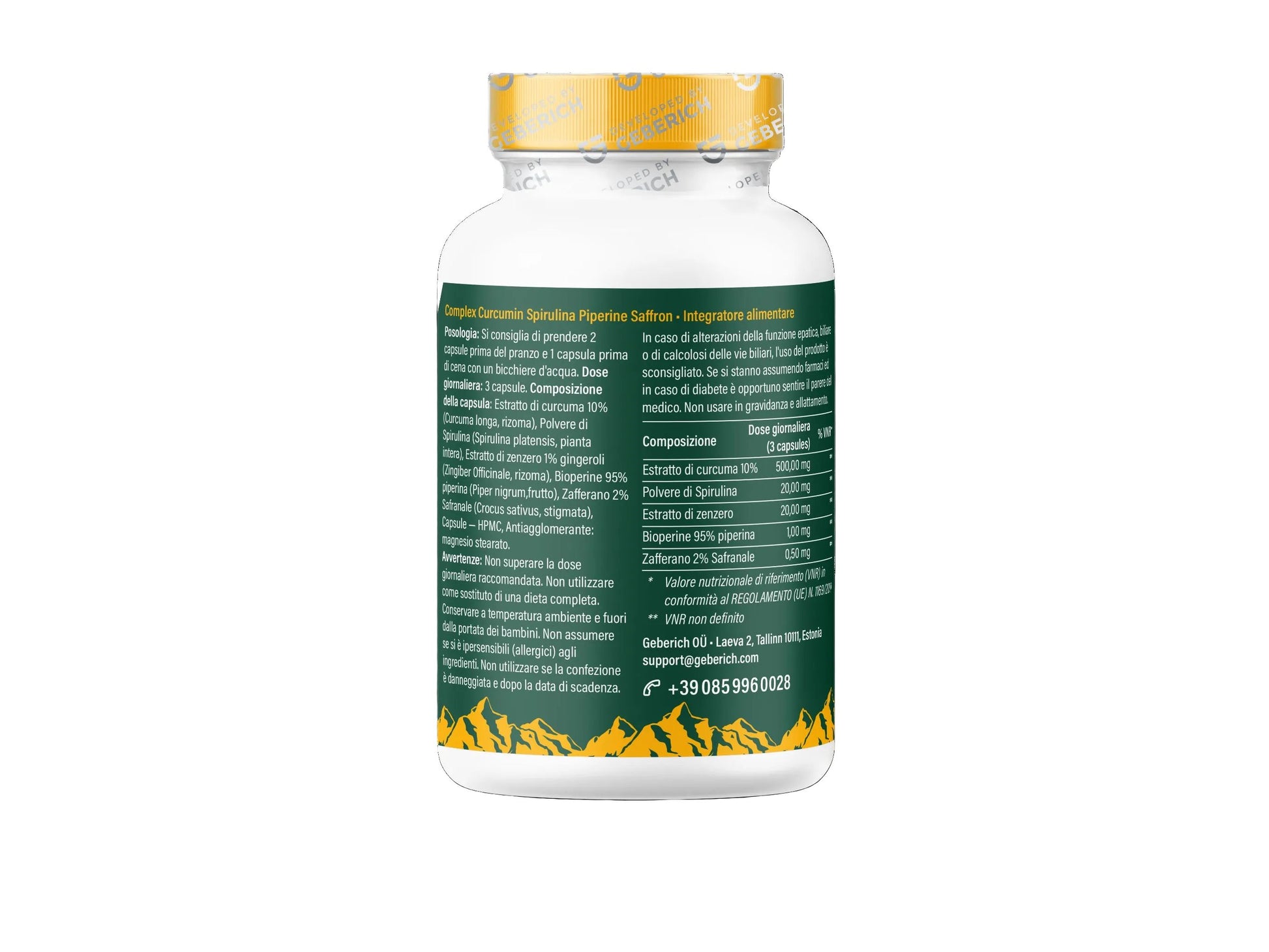 Curcumin Complex food supplement capsules by Geberich, back label view