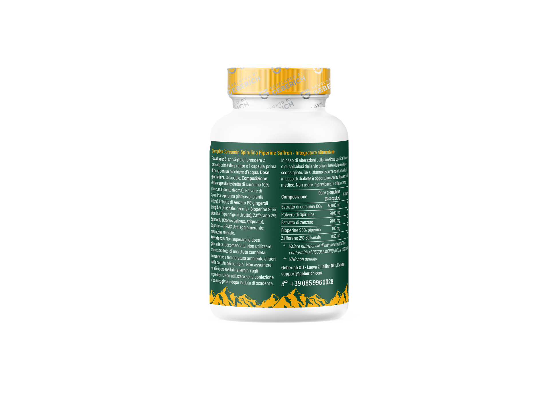 Curcumin Complex food supplement capsules by Geberich, bottle back label