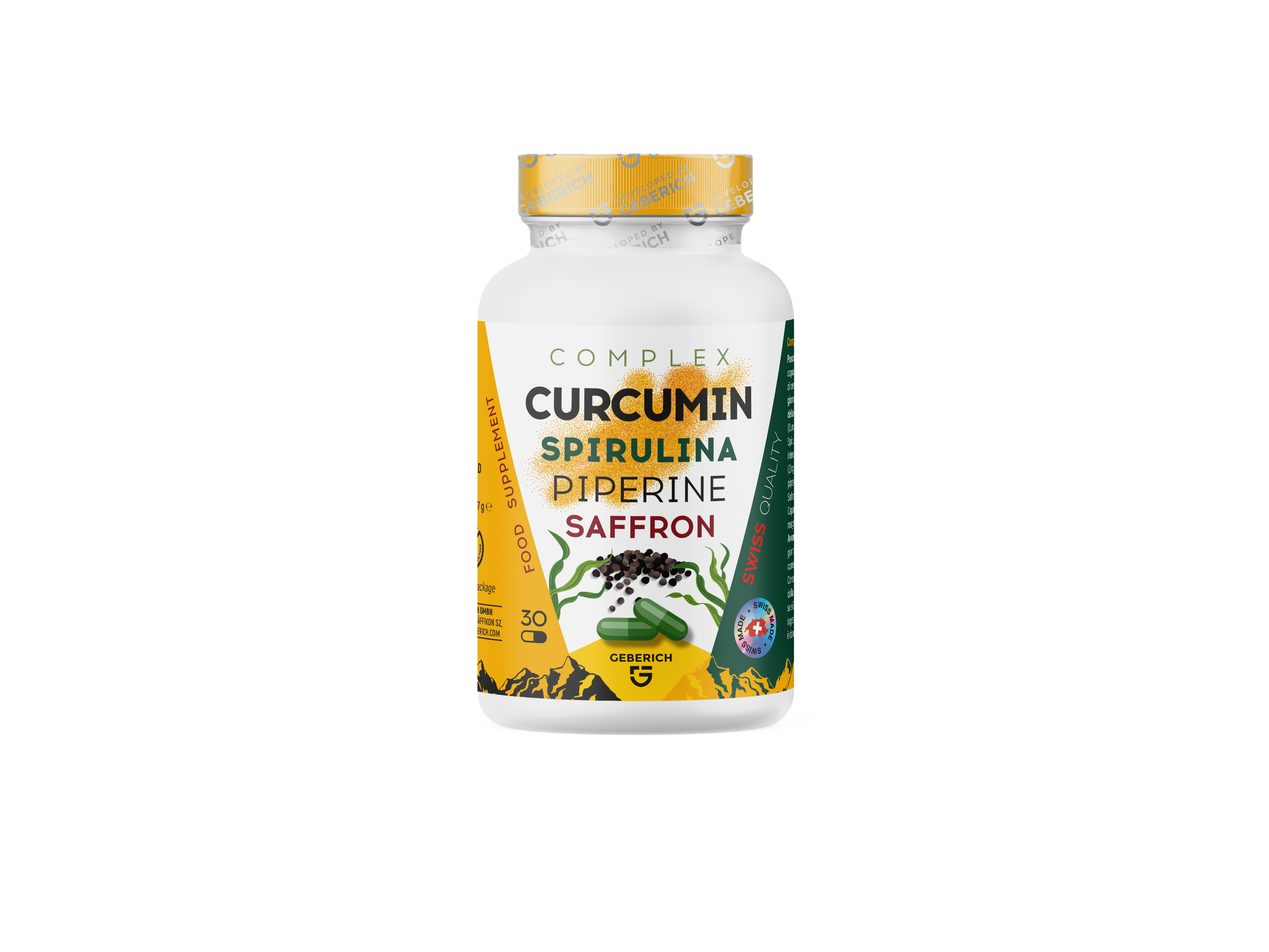 Curcumin Complex food supplement capsules by Geberich, bottle front view