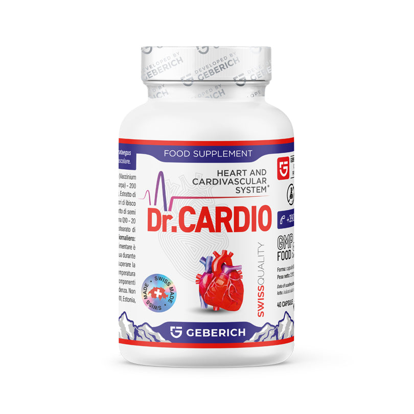 Dr.CARDIO health supplement by Geberich, showing the supplement bottle with label and capsules inside.