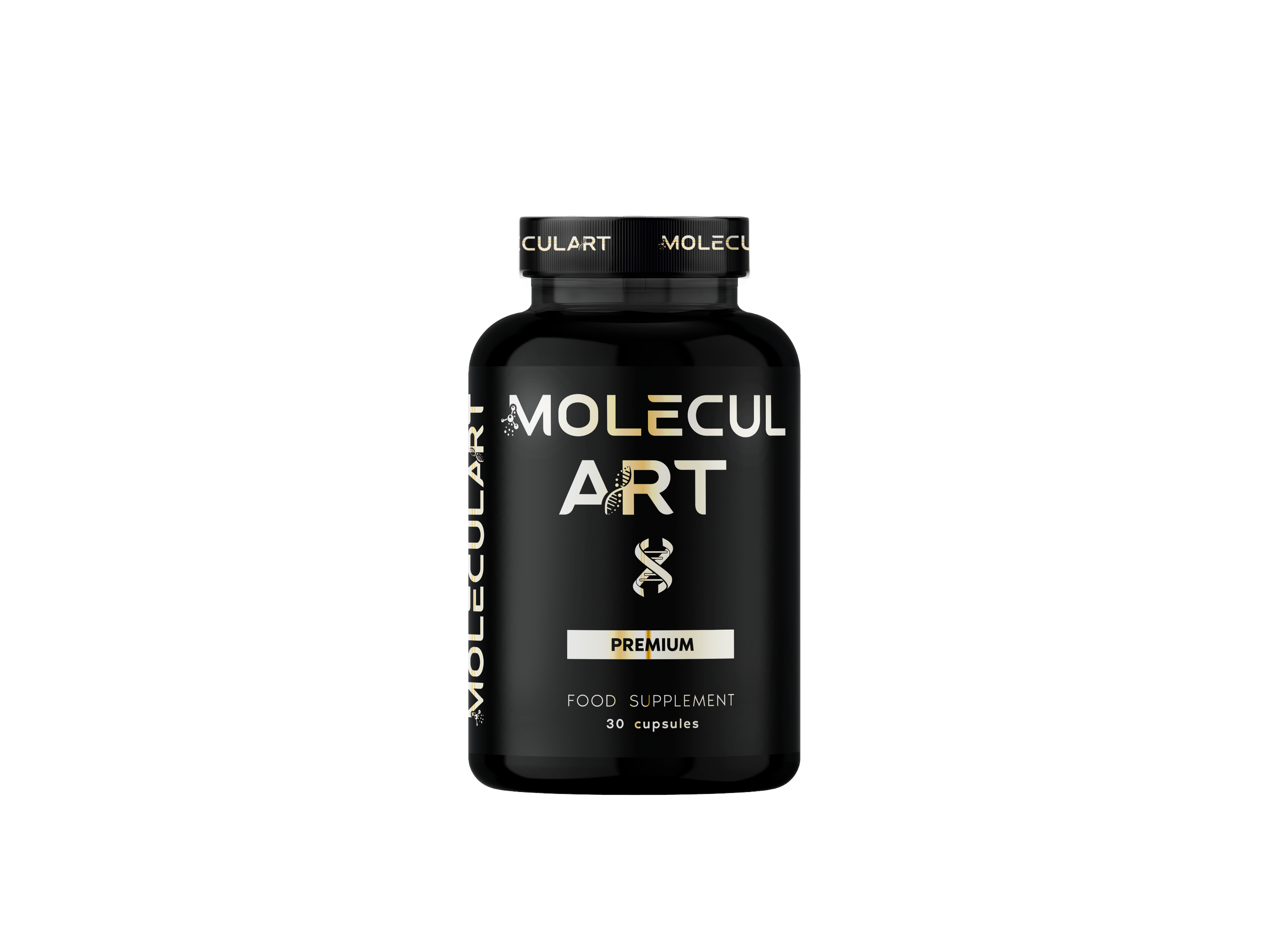 Molecular Art food supplement capsules by Geberich, bottle front view