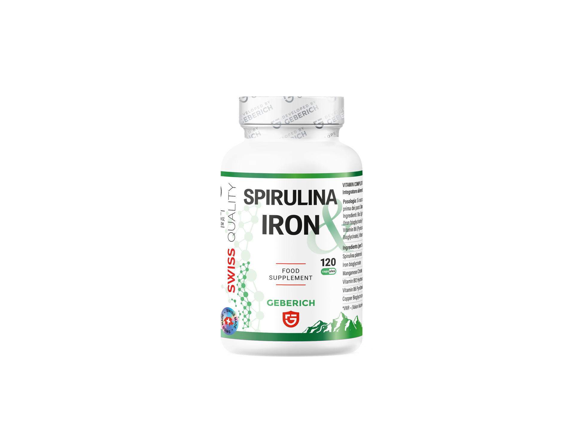 Spirulina Iron food supplement capsules by Geberich, bottle front view