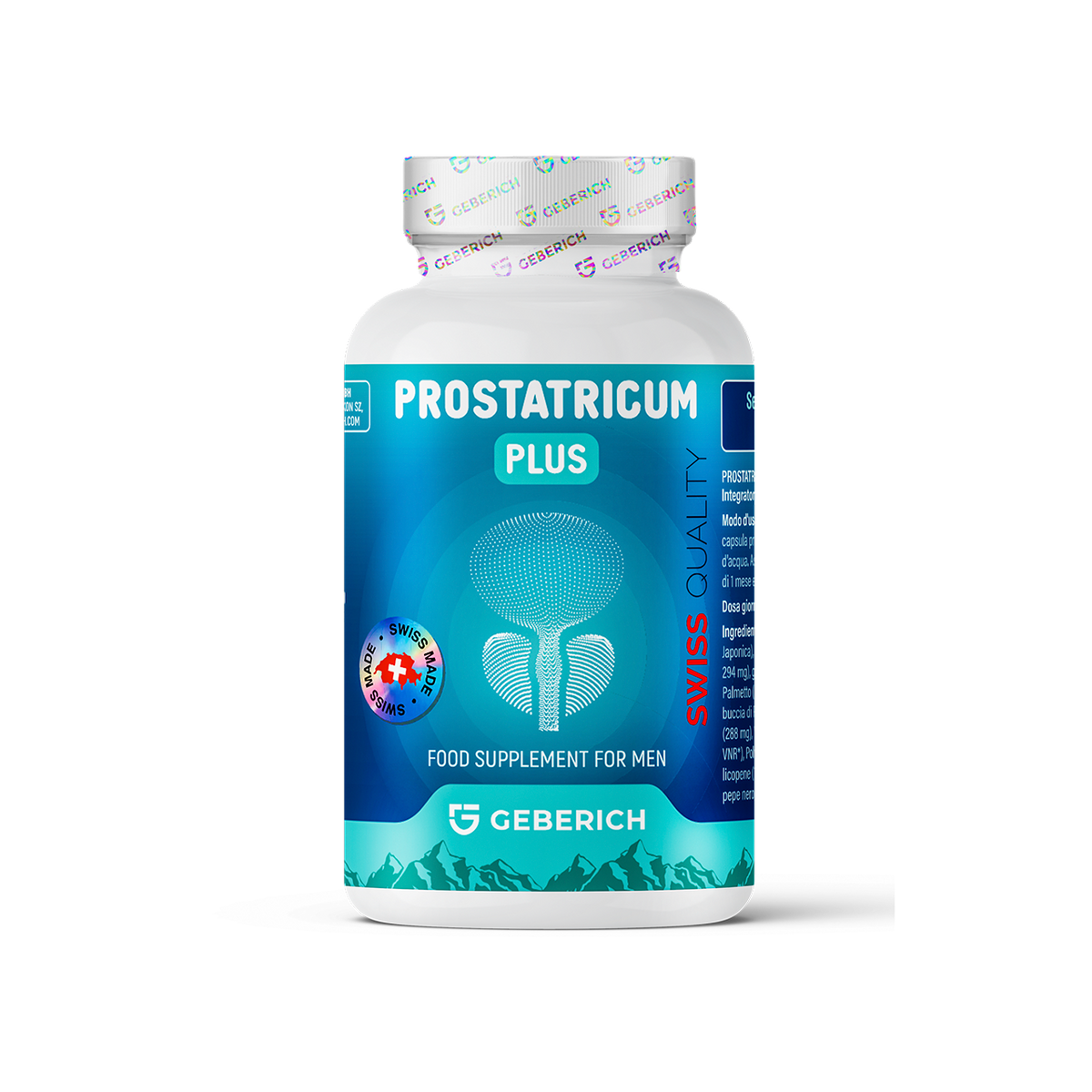 Prostatricum Plus supplement bottle from Geberich.eu, featuring a label with green and white design and health benefits.